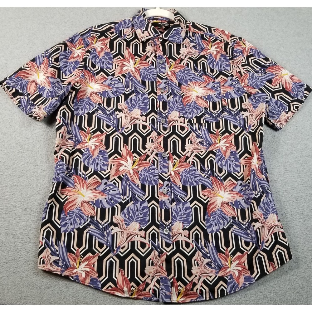 Murano Button Up Shirt Men Medium M Floral Geometric Short Sleeves Cotton Casual